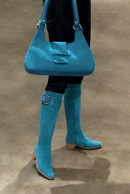 Turquoise blue women's riding knee-high boots. Round toe. Low leather soles. Made to measure. Worn view - Florence KOOIJMAN